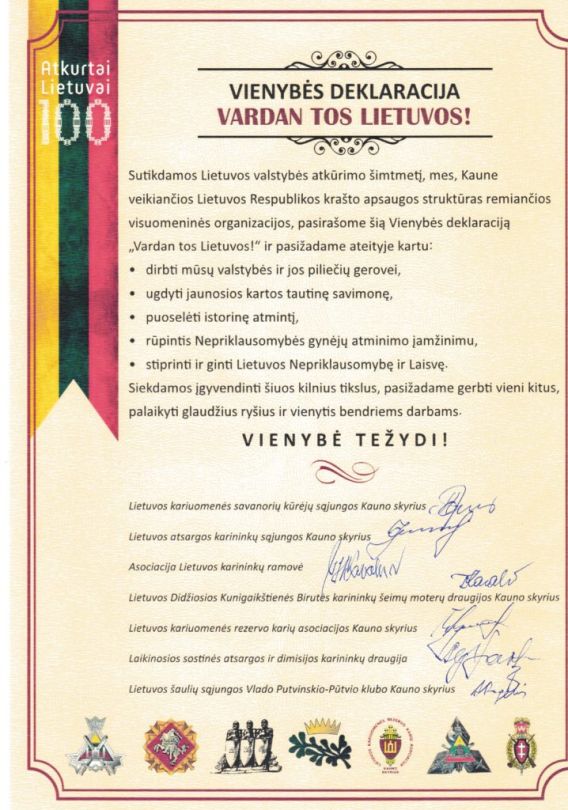 Kaune pasirašyta Vienybės deklaracija „Vardan tos Lietuvos“