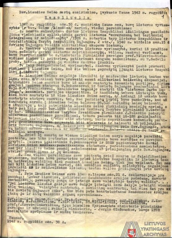 1942 m. rugpjūčio 30 d. rezoliucija, kurioje pasmerkta sovietinė okupacija, aneksija ir lietuvių tautos valios suklastojimas Liaudies seime