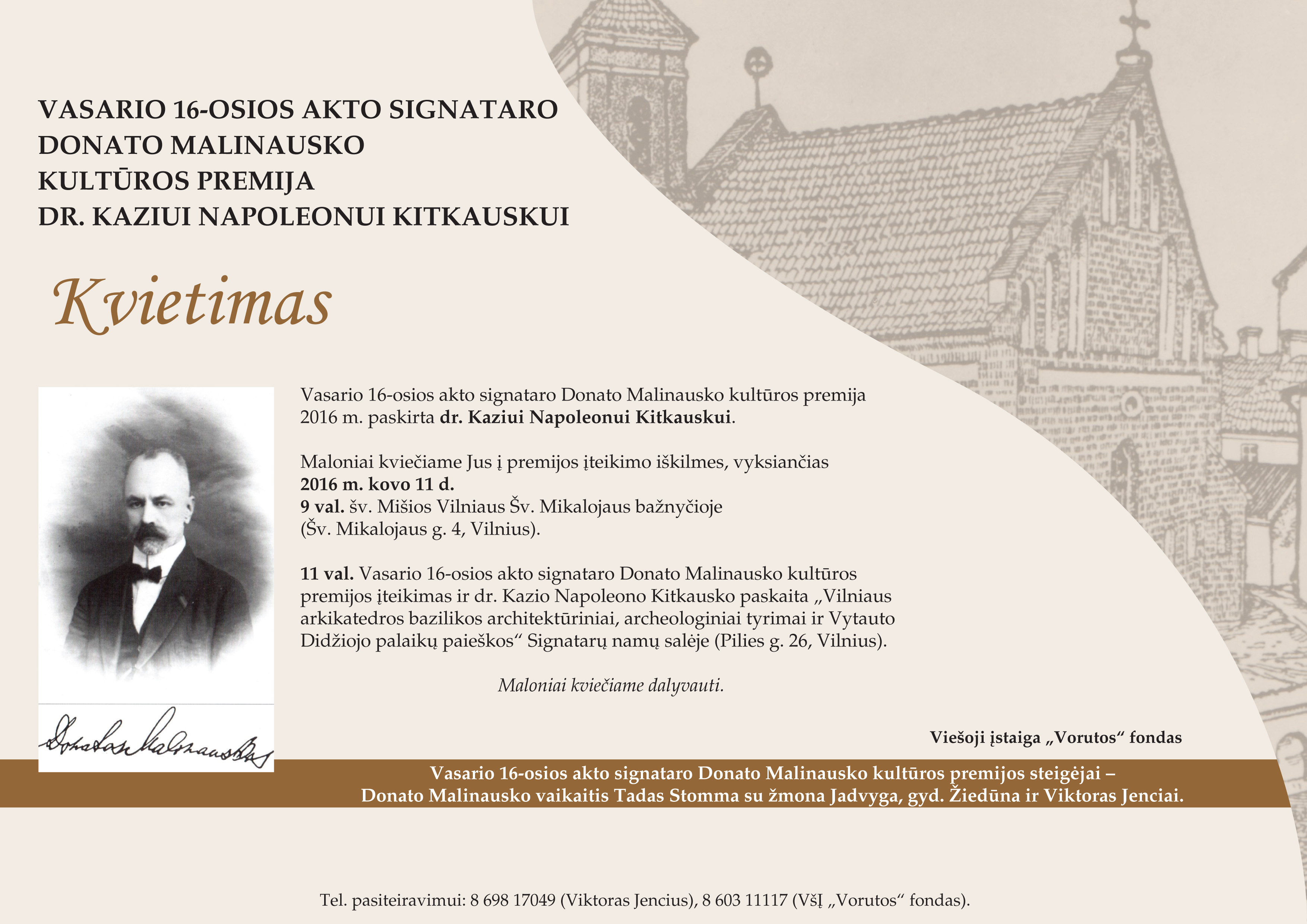 Vasario 16-osios akto signataro Donato Malinausko kultūros premija bus įteikta dr. Kaziui Napoleonui Kitkauskui