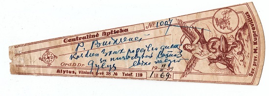 M. Kuprevičiaus vaistinės Alytuje receptas 1939 (Š. Šimkevičiaus kolekcija)